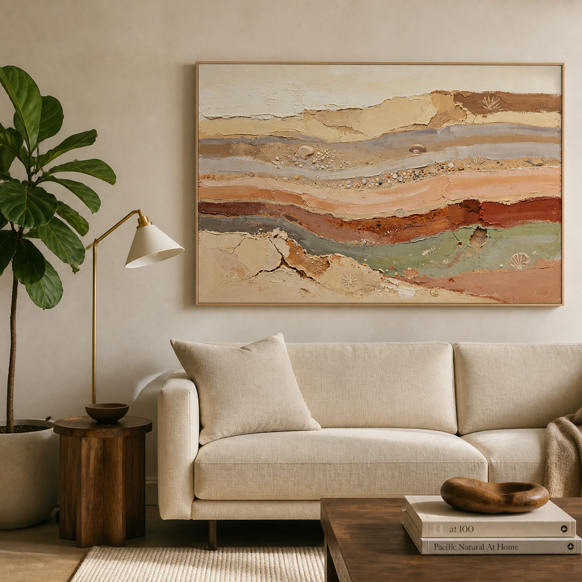 Neutral abstract coastal wall art with layered earth-tone textures, pebbles and seashell details displayed above a dining table.