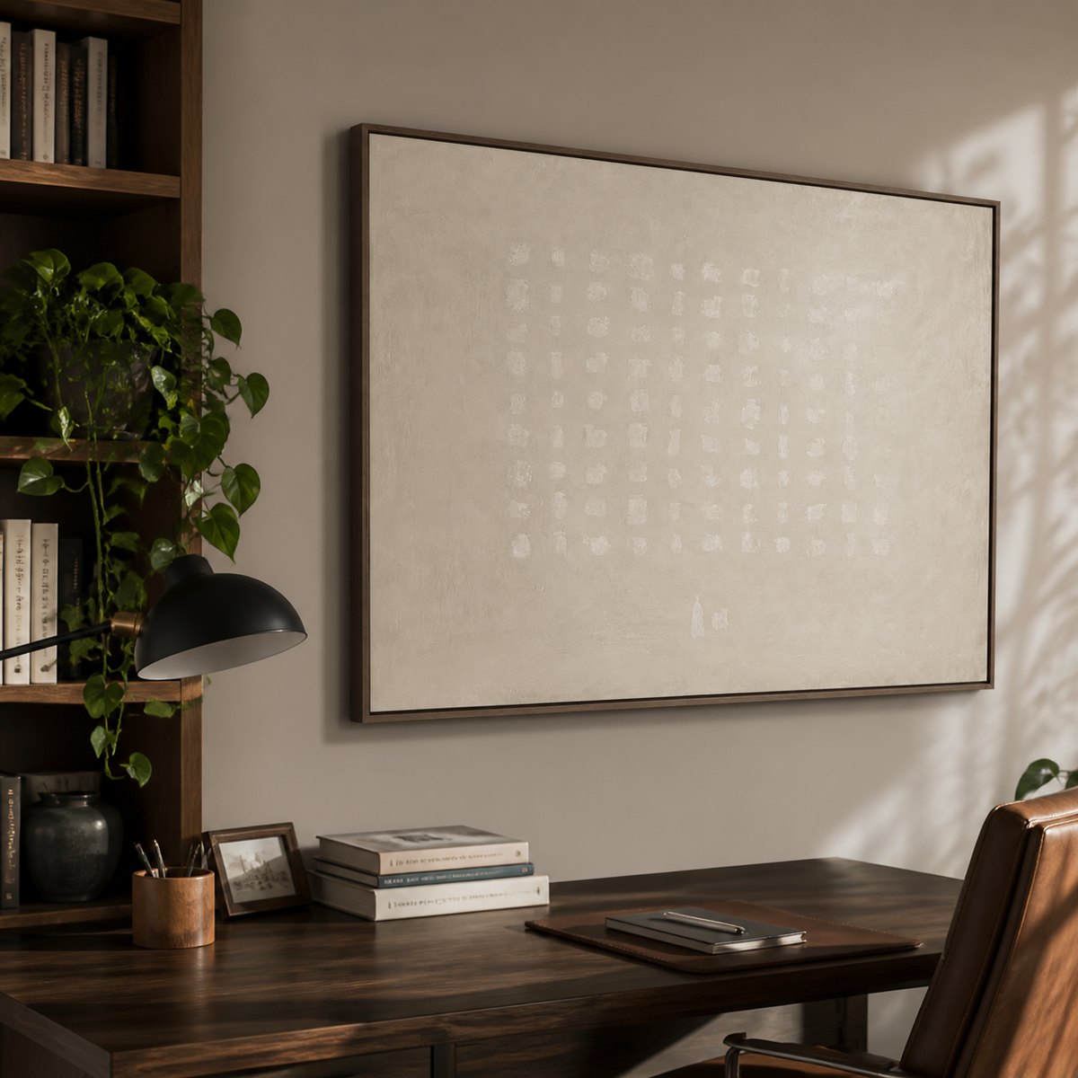 Neutral ivory textured wall art with a subtle white grid pattern displayed above a wooden dining table.