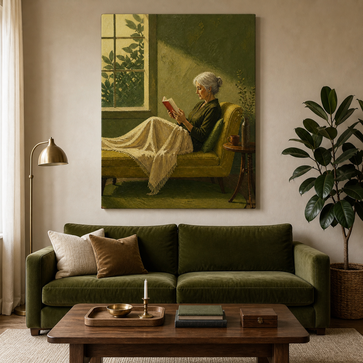 Elderly woman reading wall art featuring a silver-haired reader with a red book resting on an olive green chaise beside a sunlit window.