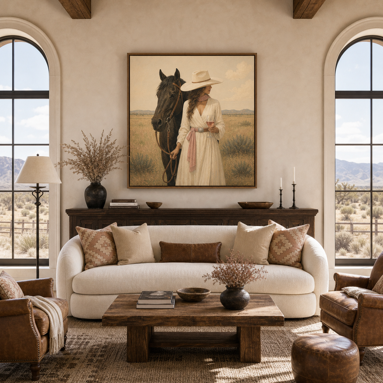 Hand-painted cowgirl and black horse wall art featuring neutral earth tones and rich textured oil painting, perfect for western, ranch, and farmhouse home decor.