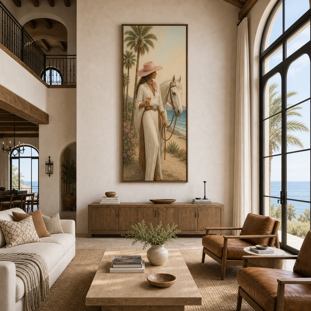 Hand-painted coastal cowgirl and white horse wall art with palm trees and ocean view, featuring rich textured oil painting for beach house, coastal, and western home decor.
