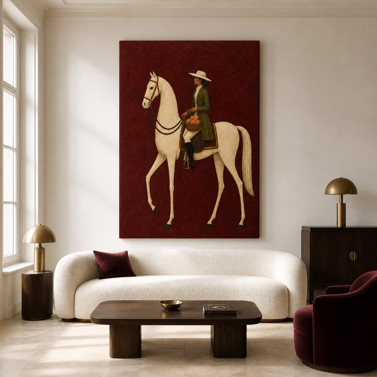 Vintage Americana equestrian art featuring a woman in a green coat riding a white horse and carrying a basket of oranges against a burgundy background.