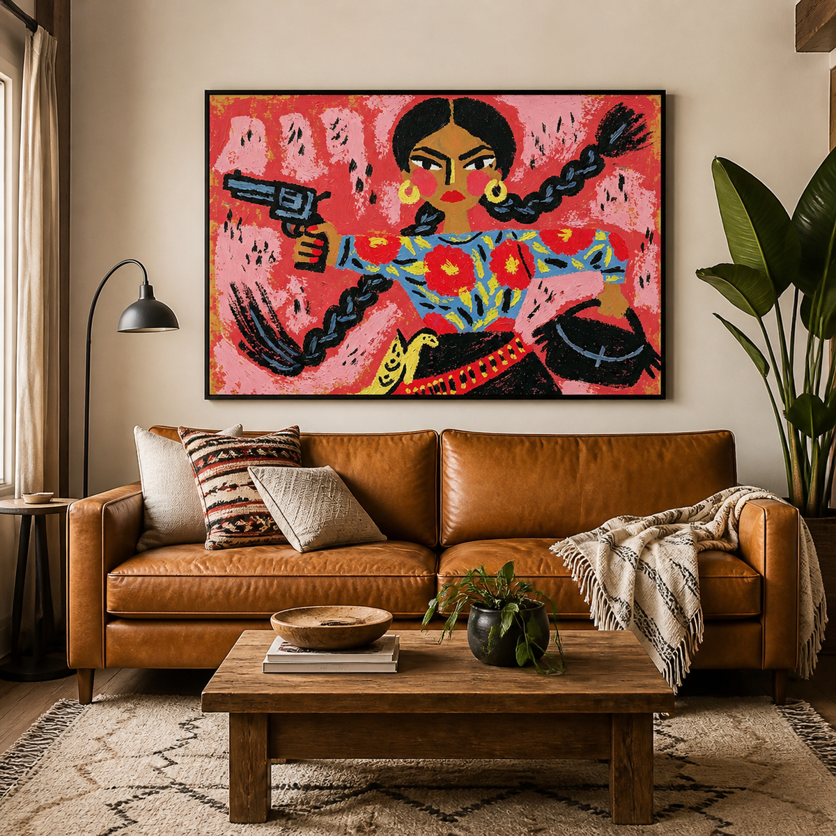 Colorful cowgirl portrait wall art with long black braids, floral clothing and a revolver against a pink background above a dining-room cabinet