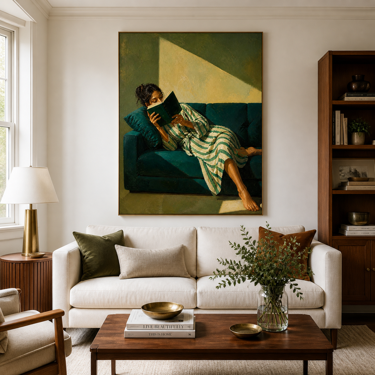 Woman reading wall art featuring a barefoot reader in a striped robe reclining on a deep teal sofa with a dark green book.