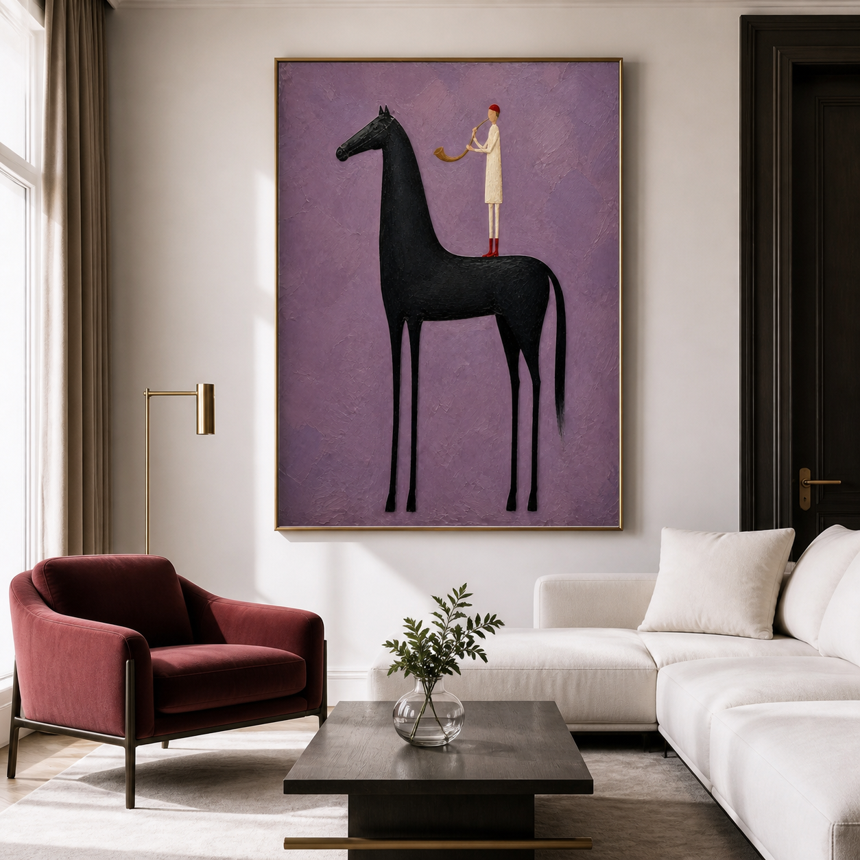 Vintage Americana black horse wall art featuring a red-haired horn player standing on a tall horse against a textured violet background.