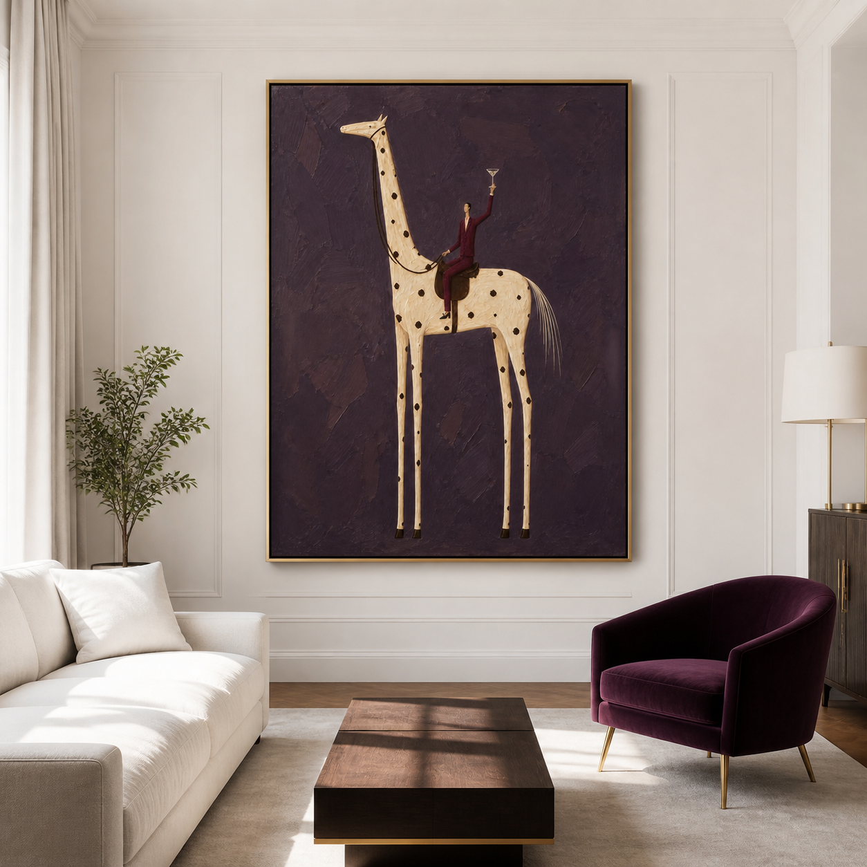 Vintage Americana bar wall art featuring a man in a burgundy suit riding a tall spotted horse and raising a cocktail glass.
