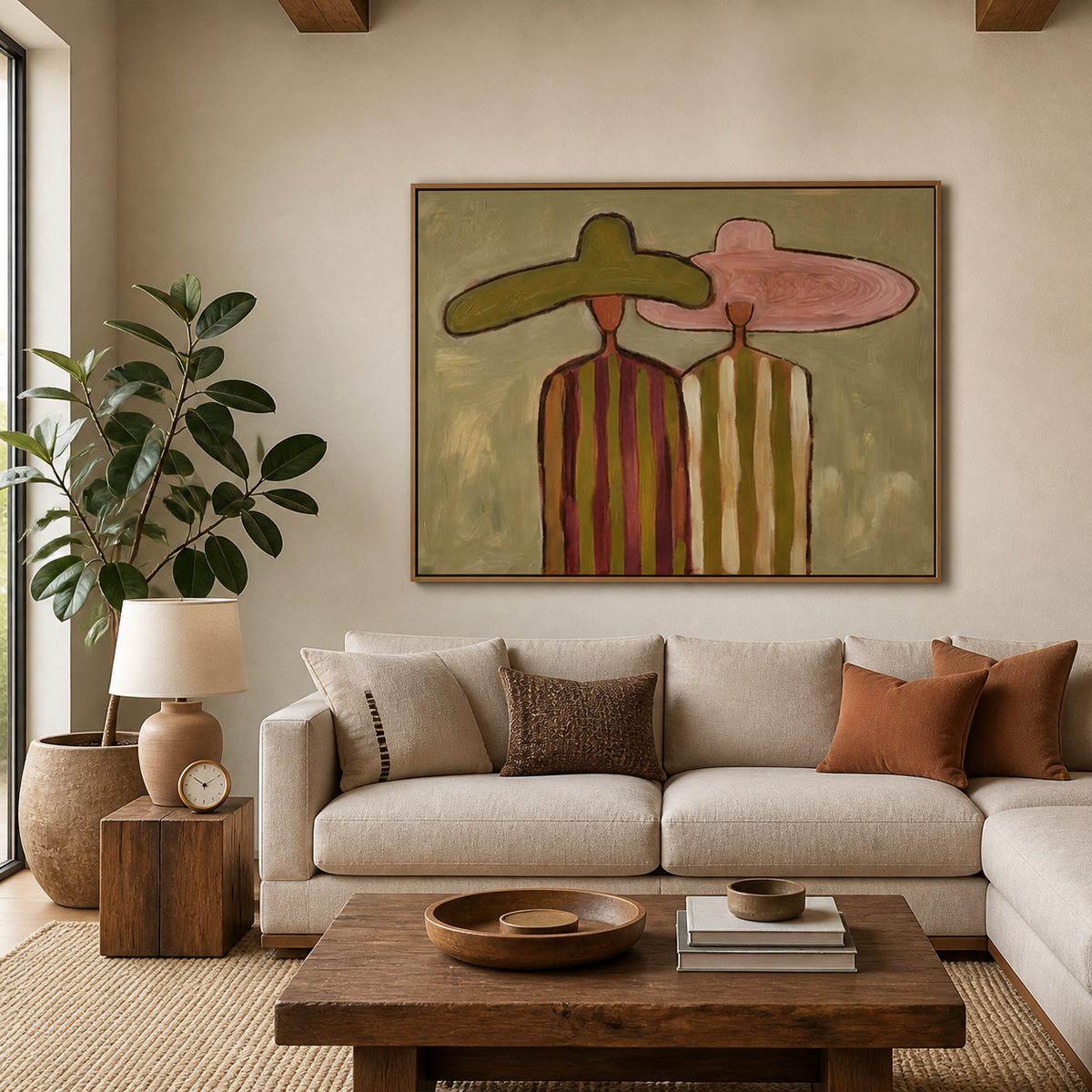 Horizontal Western wall art of two cowboys in olive and pink hats displayed above a neutral living room sofa.
