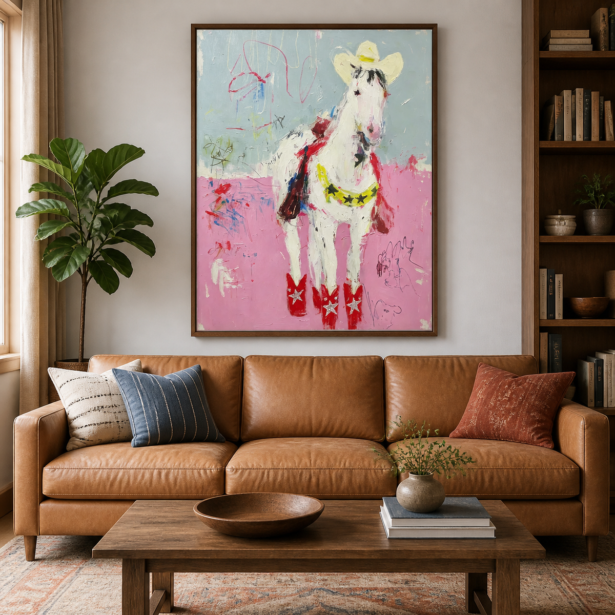 Pink and blue cowboy horse wall art in a vertical frame above a brown leather sofa