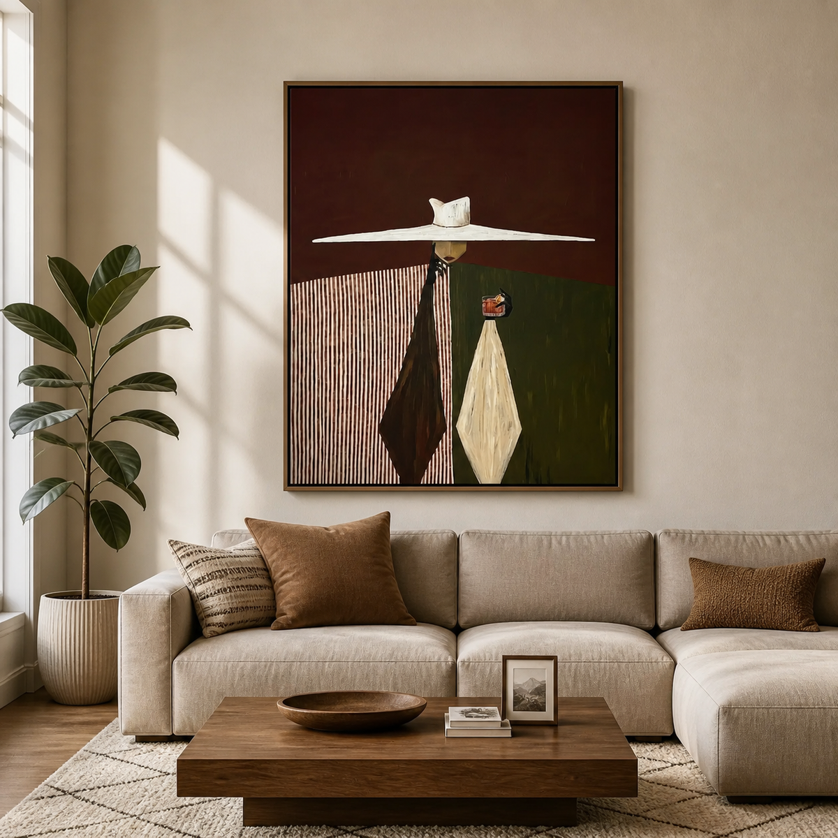 Modern Western couple wall art with two stylized figures beneath a wide white hat displayed above a neutral sofa.