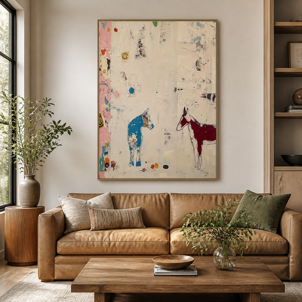Abstract blue and red horse wall art in a vertical frame above a brown leather sofa