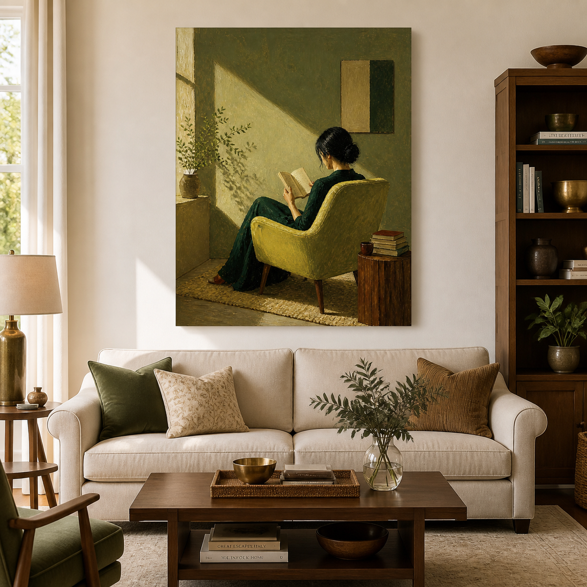 Woman reading wall art showing the back view of a reader in a dark green dress seated in a chartreuse chair with books nearby.