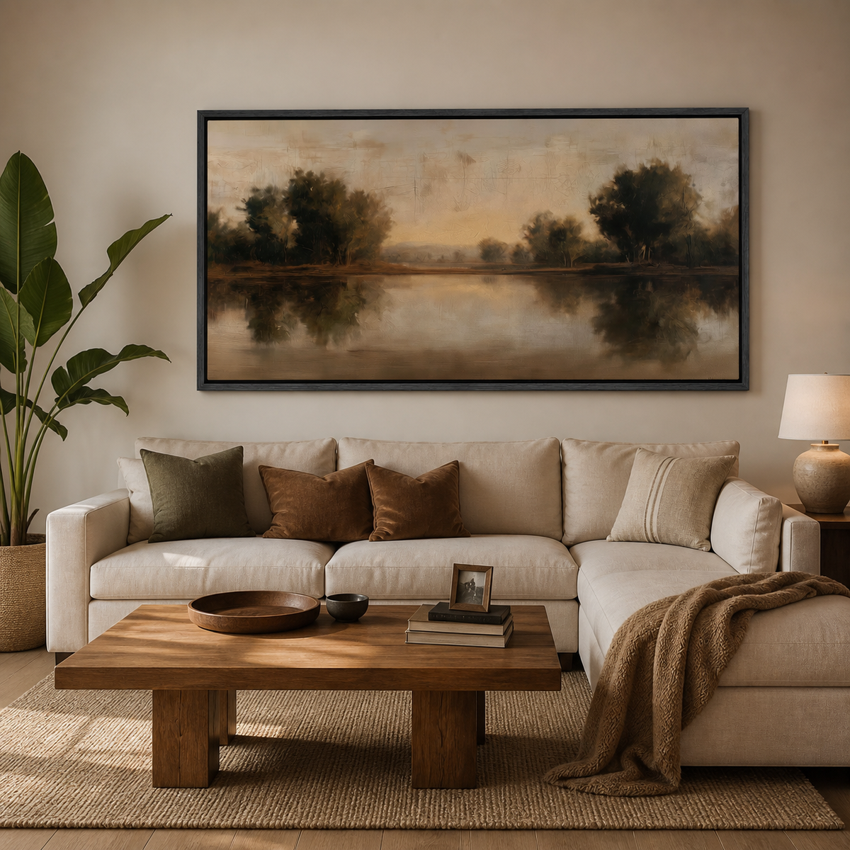 Panoramic neutral lake landscape wall art with reflected trees and a warm amber sky displayed above an entryway console.