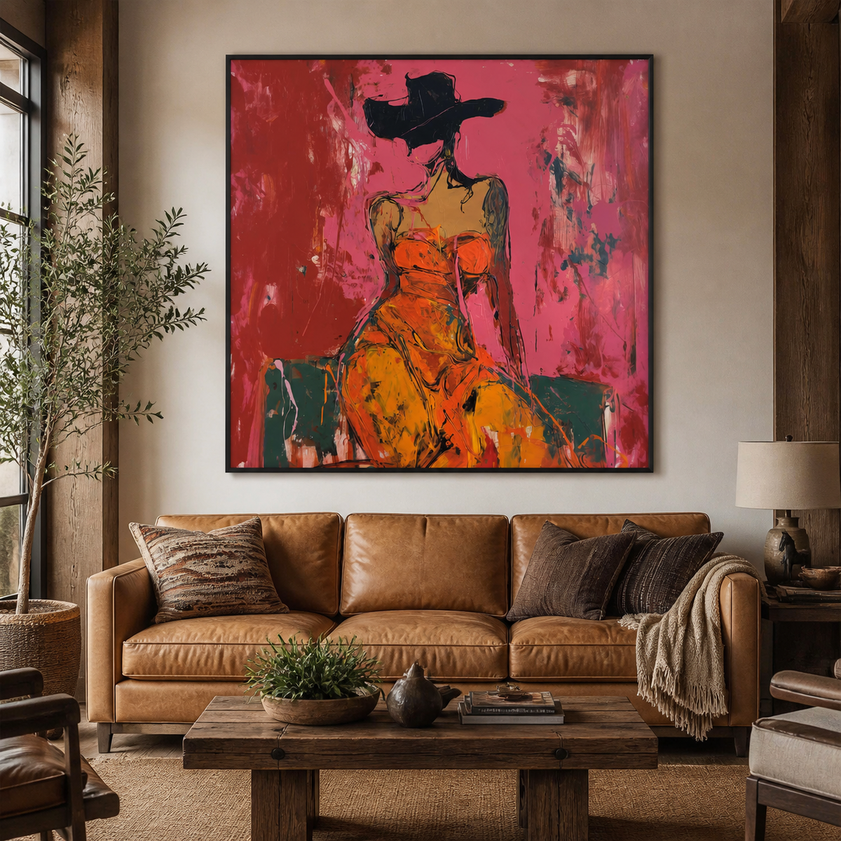 Square cowgirl wall art with a seated woman in a black Western hat and orange dress displayed above an entryway console.