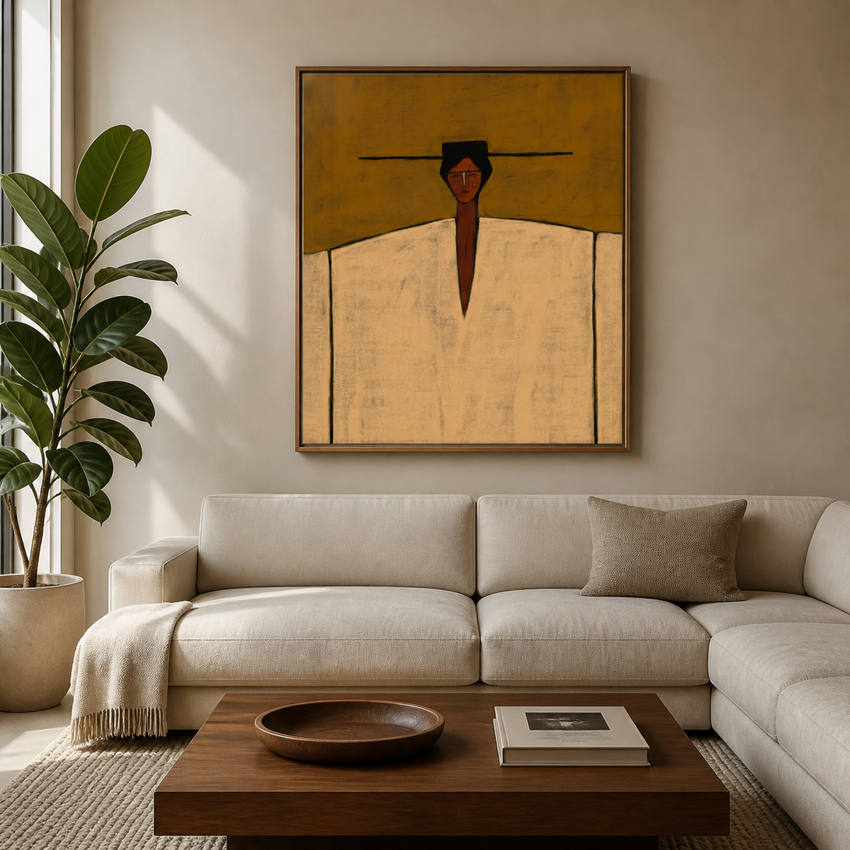 Western cowboy portrait with a long black hat and ivory garment displayed above a neutral living room sofa.