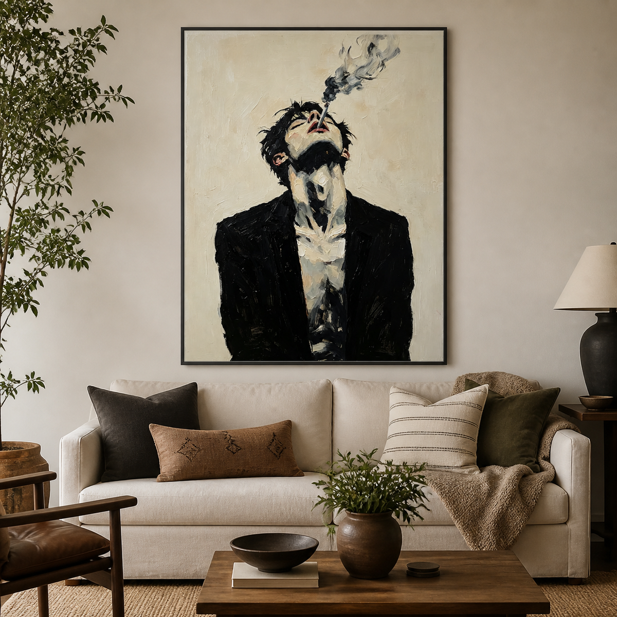 Moody man portrait wall art showing a dark-suited figure exhaling smoke displayed above a neutral sofa.