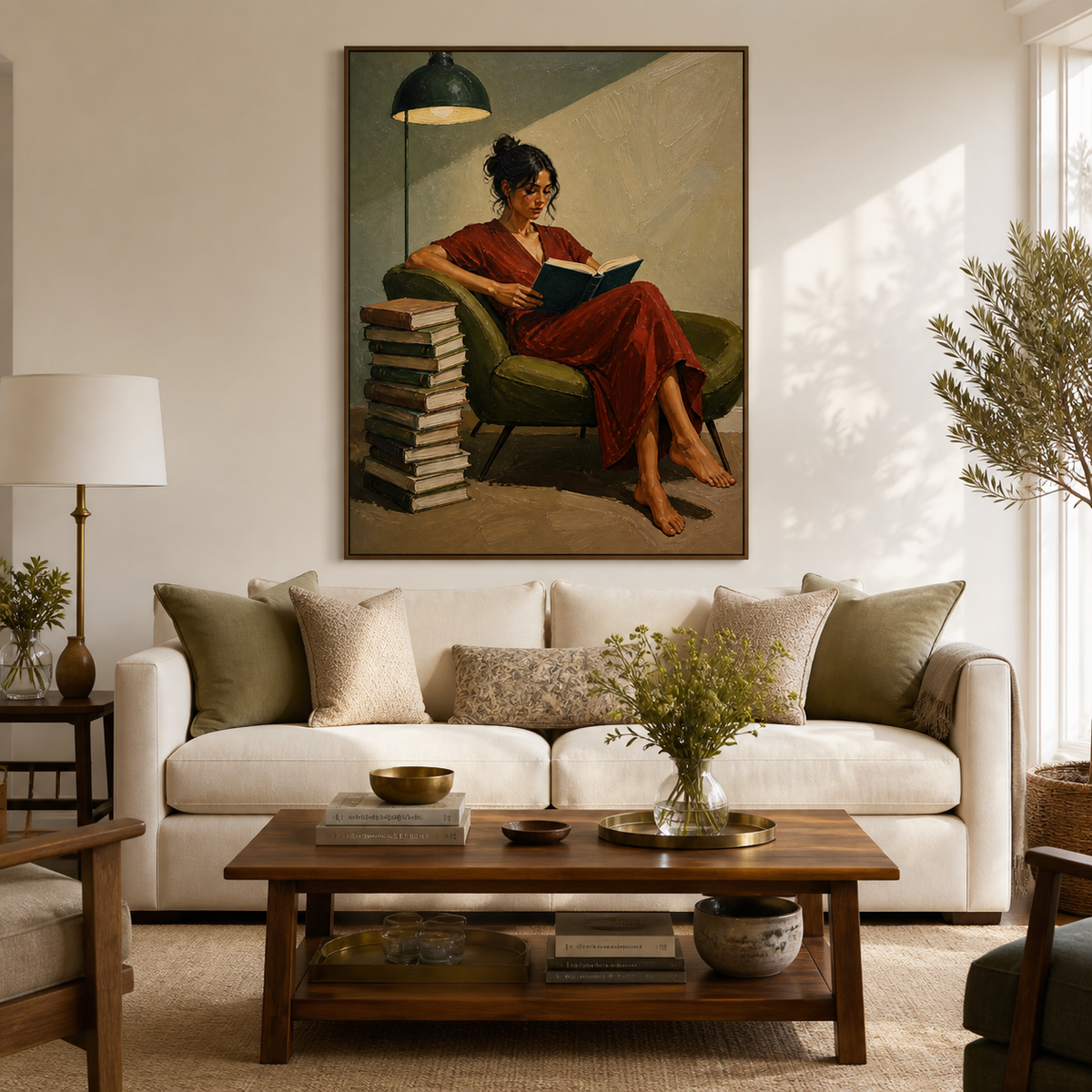 Woman reading wall art featuring a barefoot reader in a brick-red dress seated in an olive armchair beside a tall stack of books.