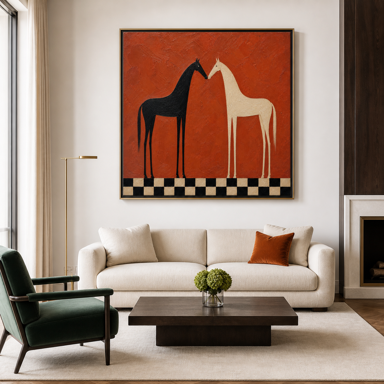Vintage Americana horse wall art featuring black and white horses facing each other above a checkerboard border on a burnt orange background.