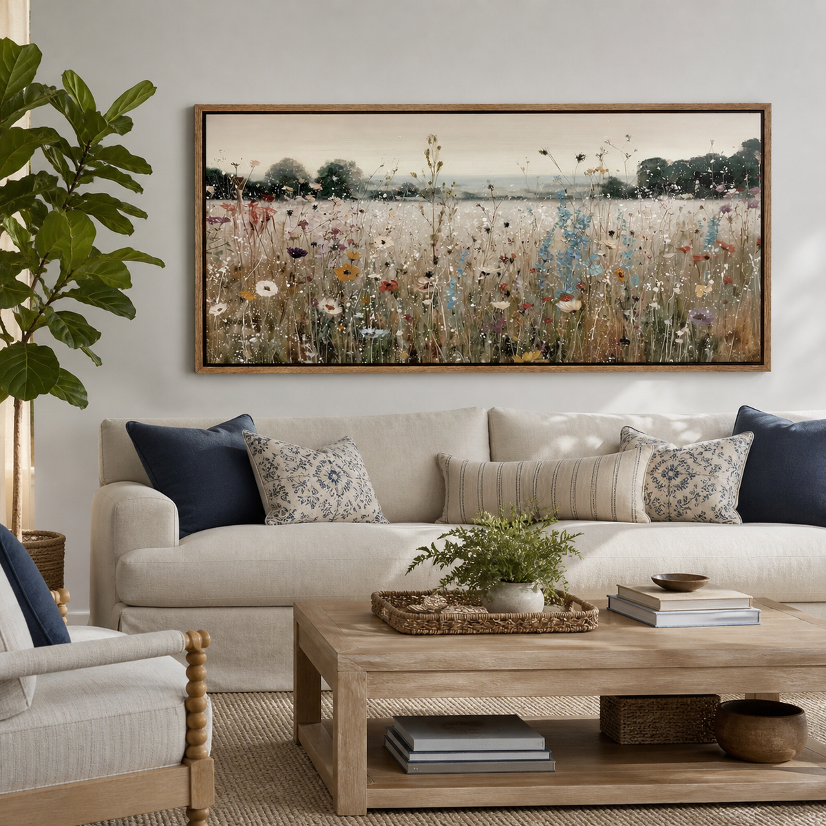 Panoramic wildflower meadow wall art with white, blue and coral flowers displayed above a neutral living room sofa.