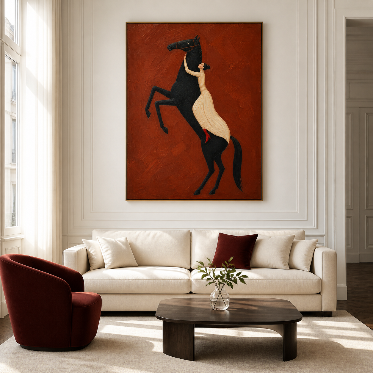 Vintage Americana woman and horse wall art featuring a woman in a cream dress embracing a rearing black horse against a crimson red background.