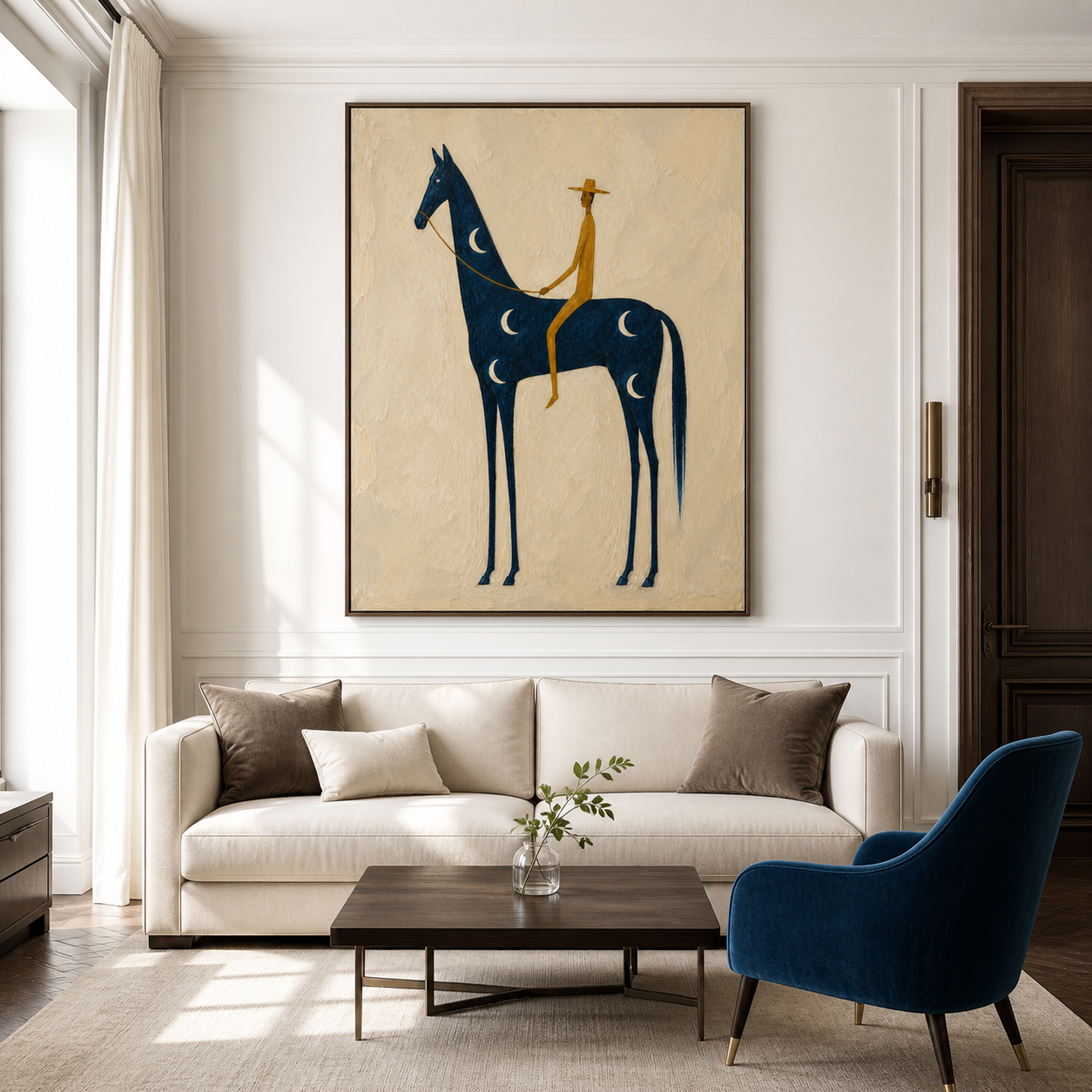 Vintage Americana cowboy wall art featuring a golden rider on a blue horse decorated with crescent moons against a textured cream background.