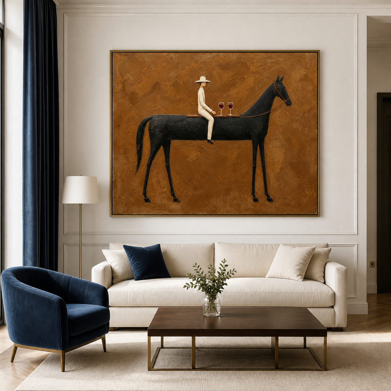 Vintage Americana wine wall art featuring a rider in white seated on a black horse beside two red wine glasses against an ochre brown background.