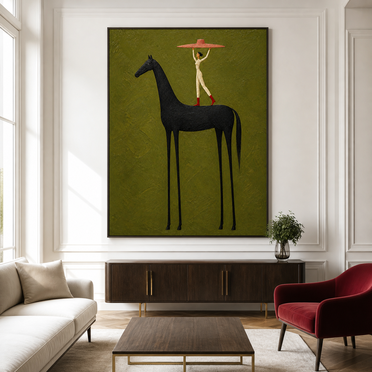 Vintage Americana circus wall art featuring an acrobat standing on a tall black horse and holding an oversized pink hat against an olive green background.