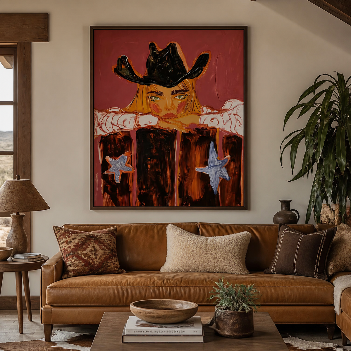Cowgirl portrait wall art showing a blonde woman resting beneath a black cowboy hat on a red background above an entryway console.