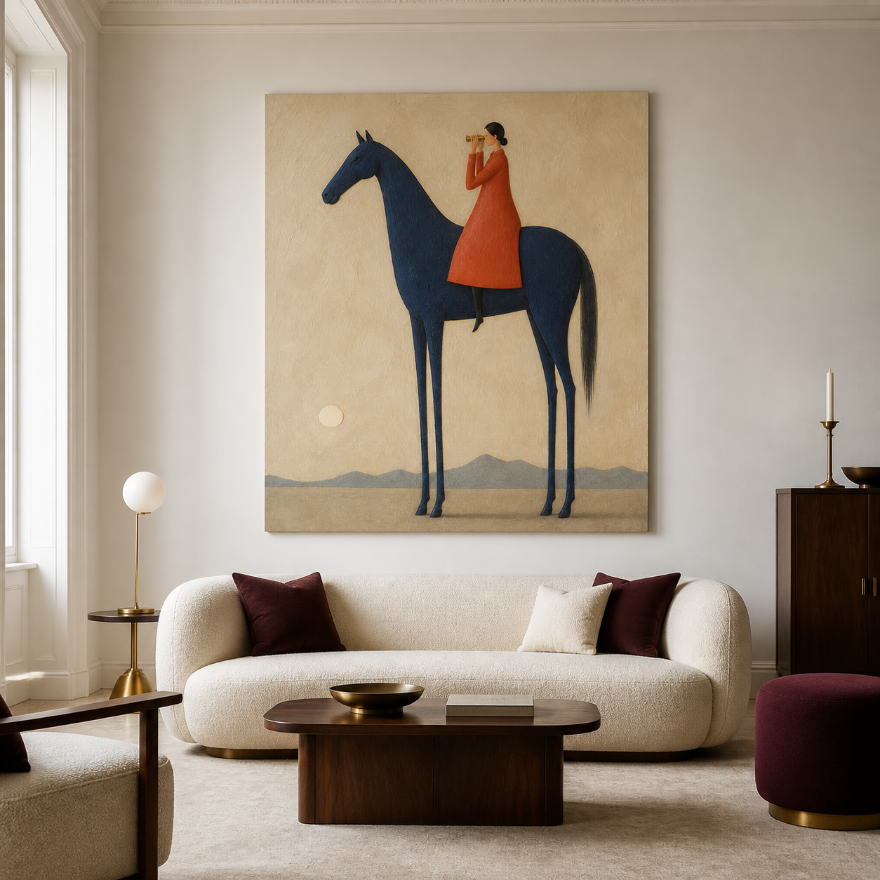 Vintage Americana horse wall art featuring a woman in an orange coat looking through a telescope while seated on a tall navy blue horse.