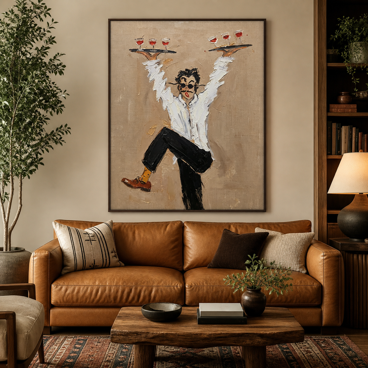 Funny waiter wall art showing a server balancing two trays of wine glasses displayed above a brown leather sofa.