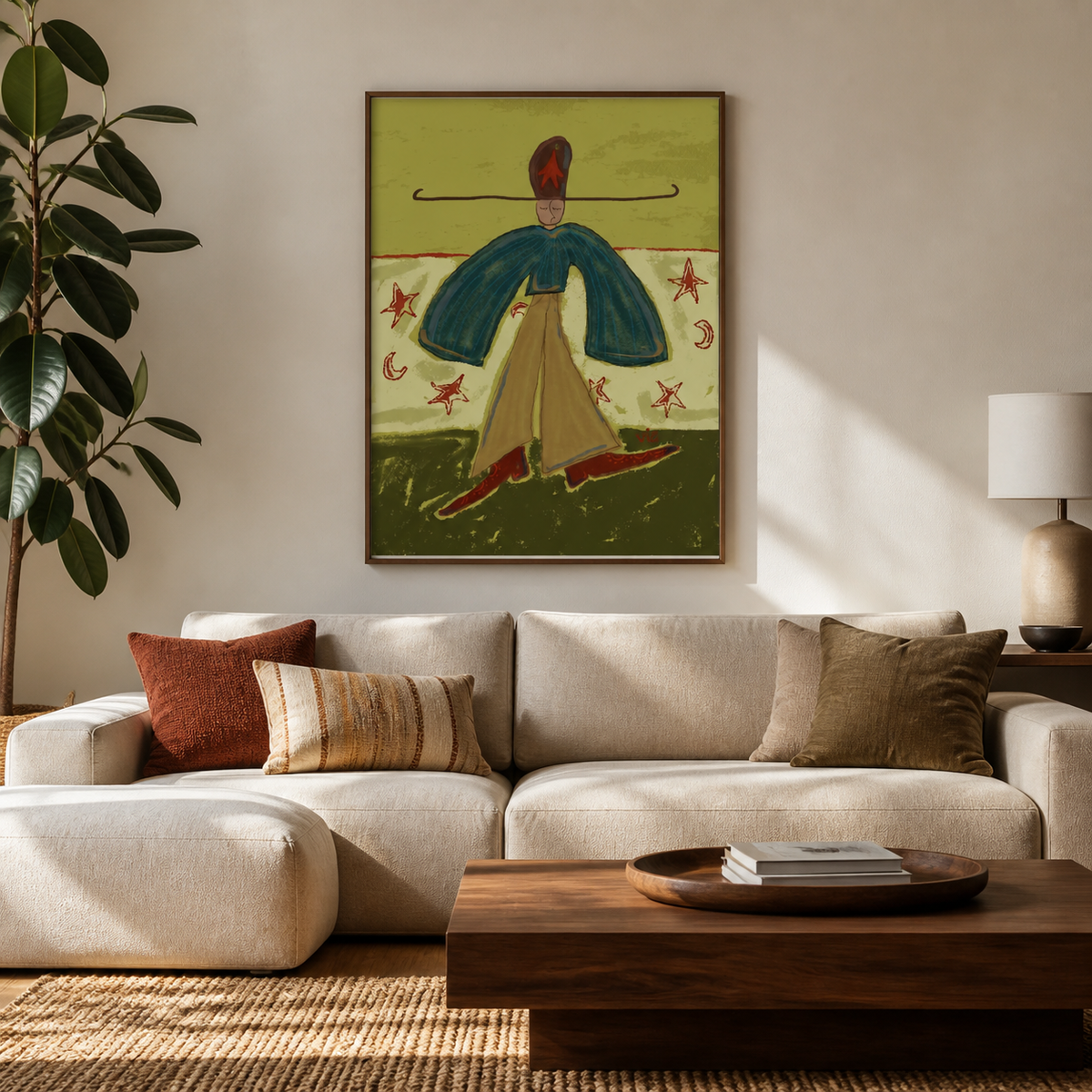 Colorful Western woman wall art with a teal cape, golden skirt and star motifs displayed above a neutral living room sofa.