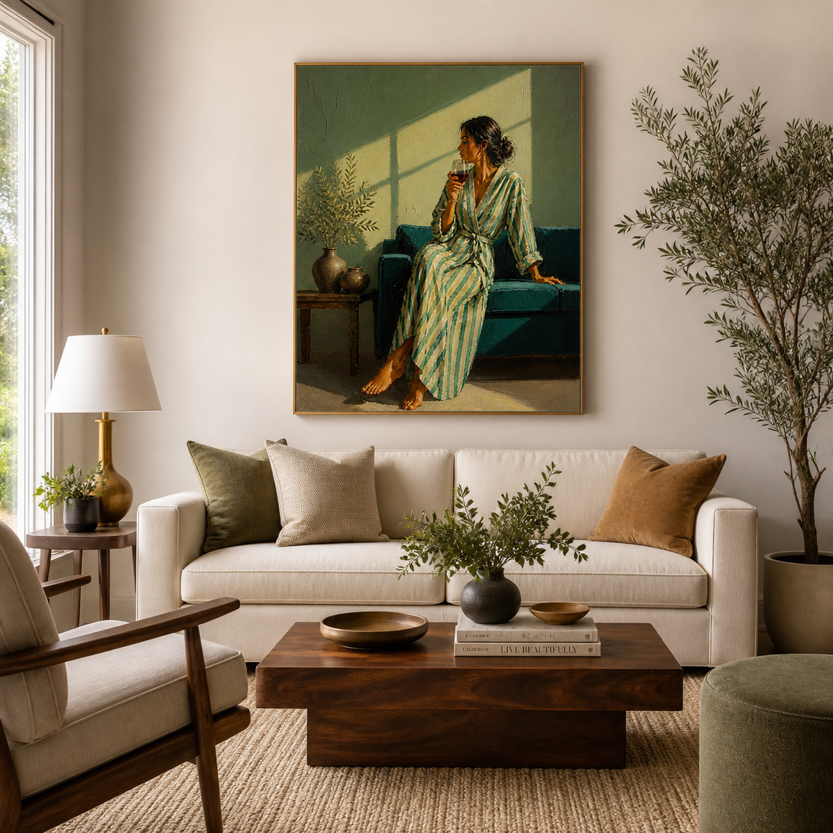 Woman drinking wine wall art featuring a barefoot figure in a striped robe seated on a teal sofa in warm window light.