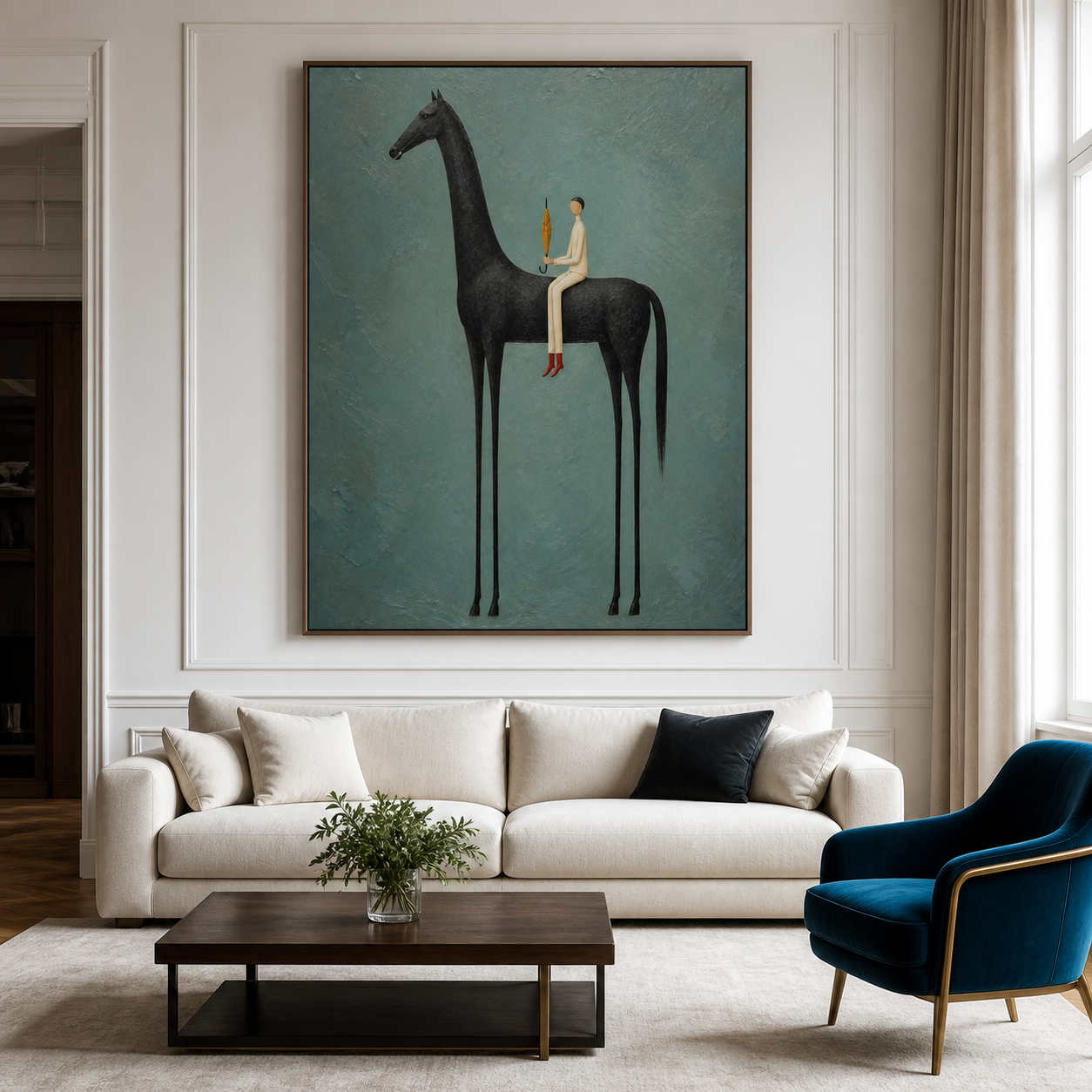 Vintage Americana black horse wall art featuring a rider with red shoes holding a small golden umbrella against a textured blue-gray background.
