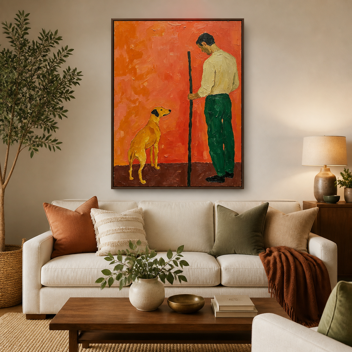 Man and dog wall art with a standing figure in green pants and a golden dog displayed above a sofa.