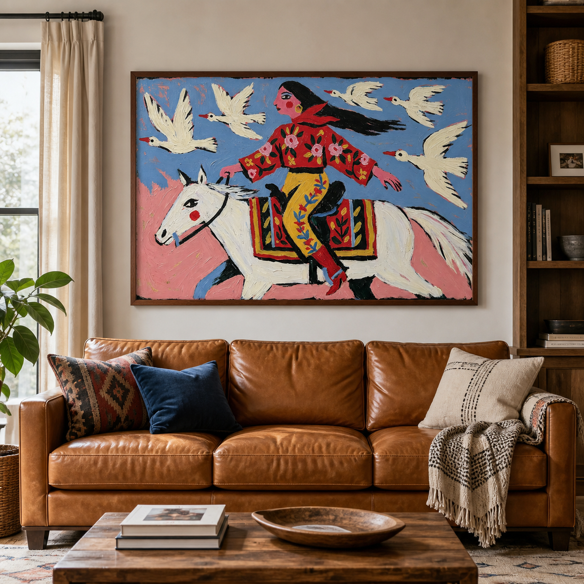 Colorful cowgirl riding a white horse beneath flying birds on horizontal Western wall art above a brown leather sofa