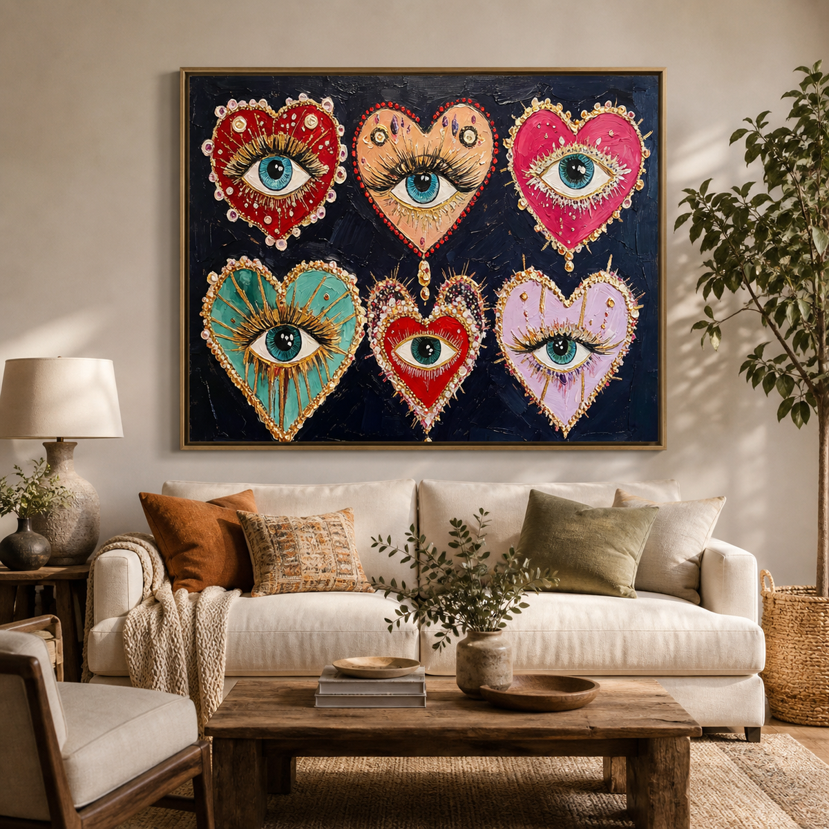 Colorful evil eye wall art with six jeweled heart motifs displayed above a neutral living room sofa.