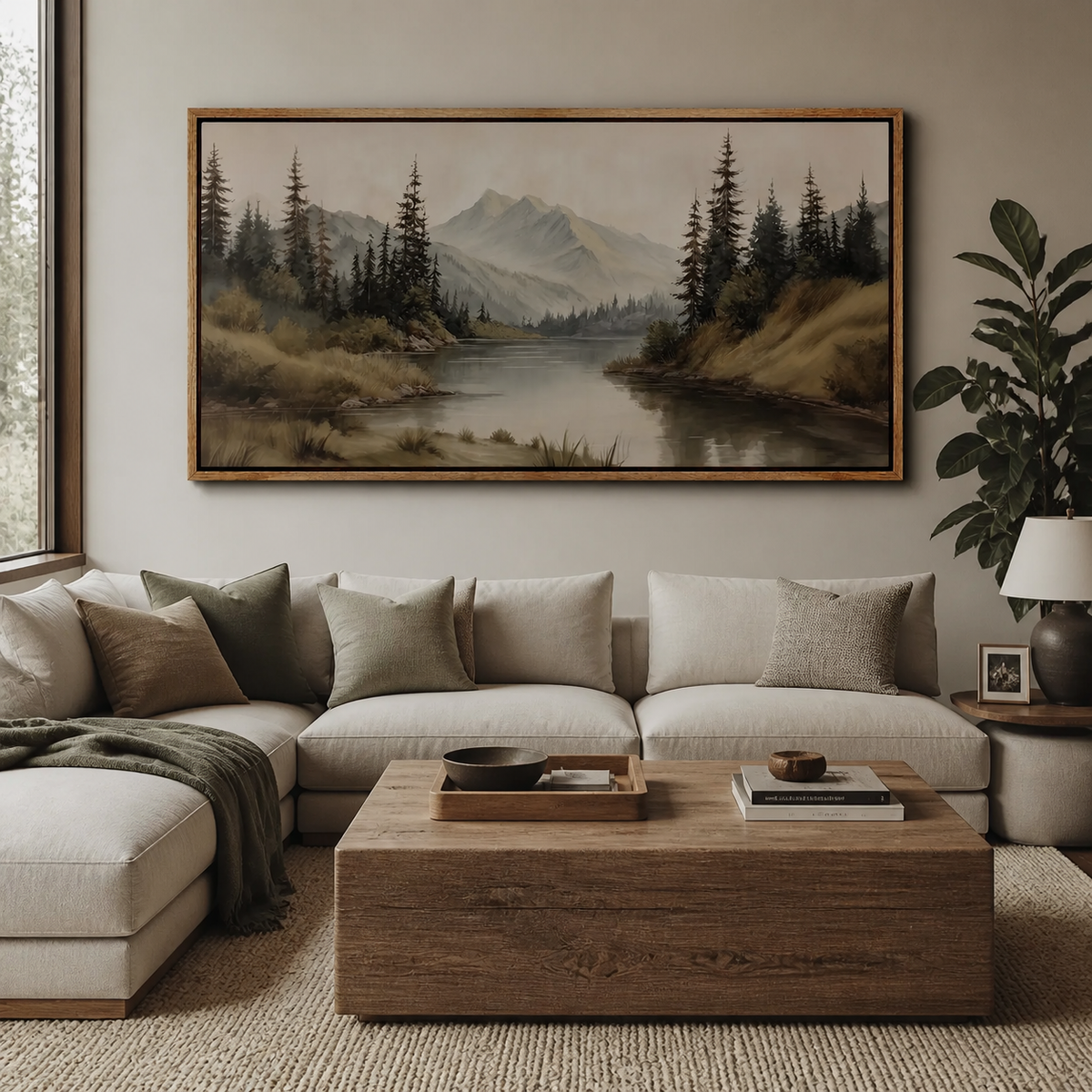 Panoramic mountain lake wall art with tall pine trees and distant peaks displayed above a neutral living room sofa.