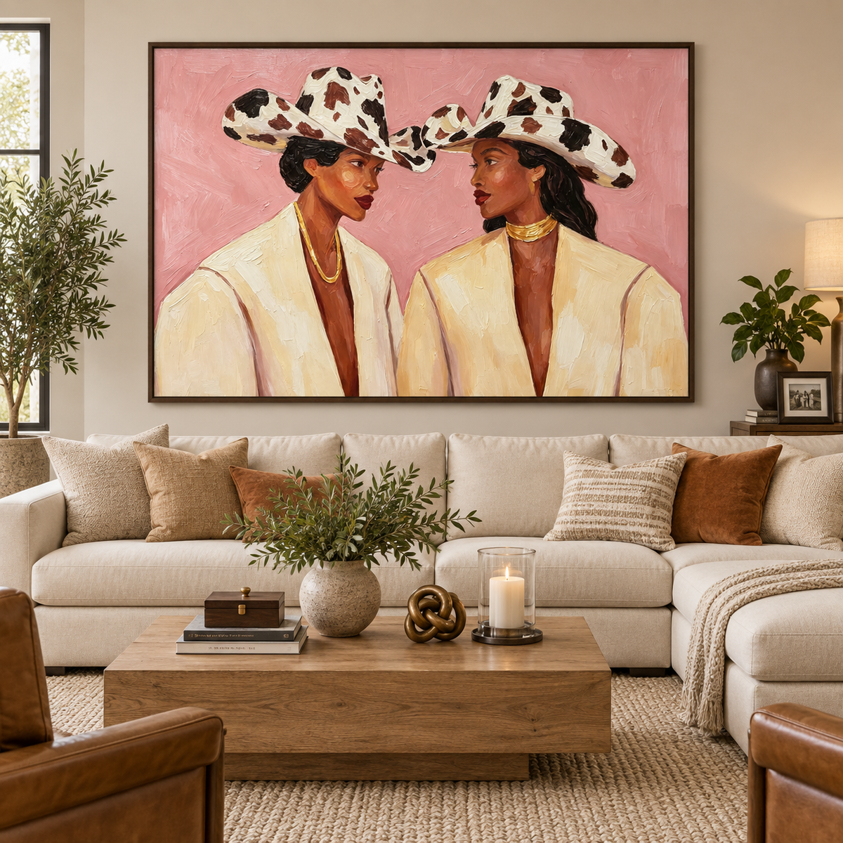 Two stylish Black cowgirls in cream suits and cow-print cowboy hats posing against a bright pink background.