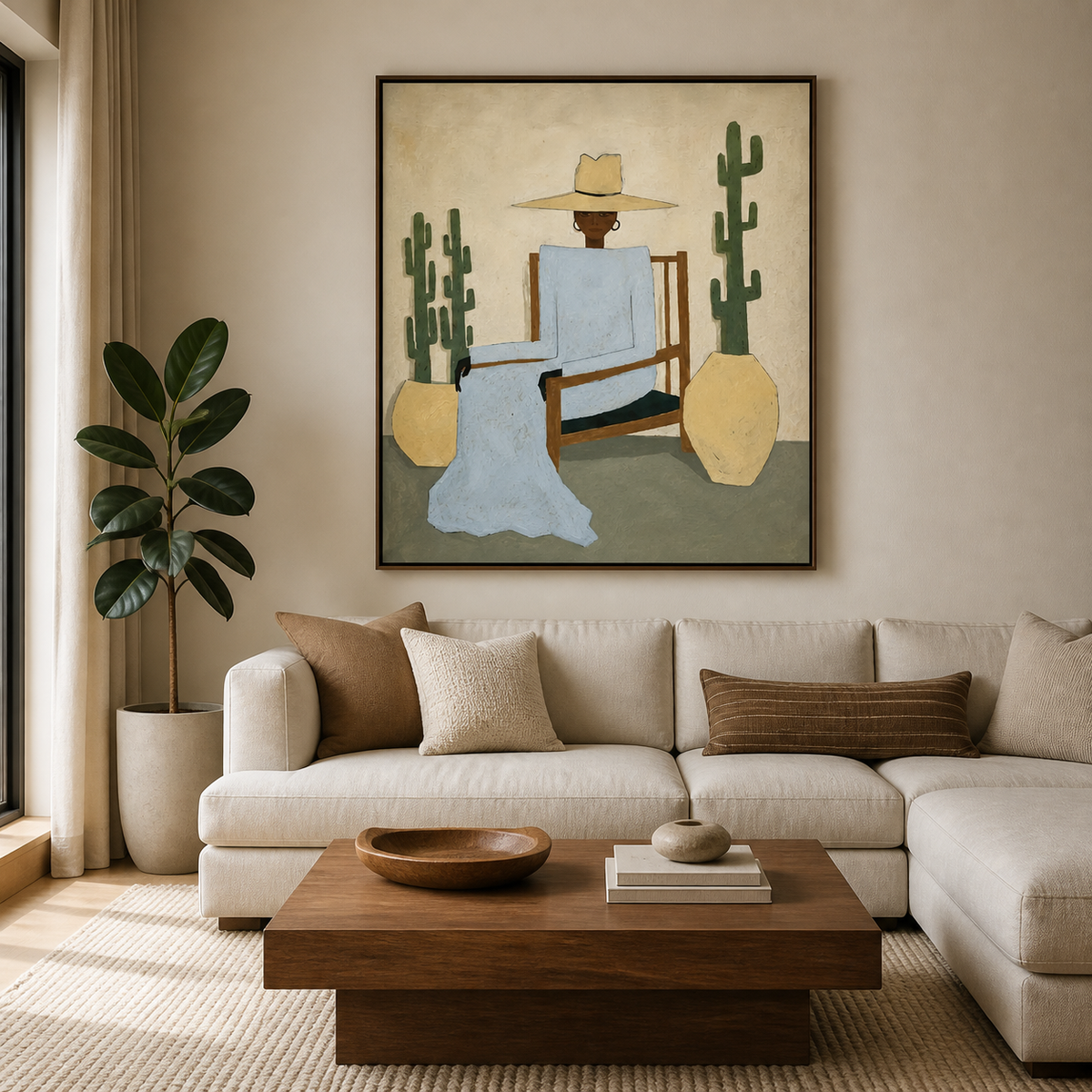 Seated cowboy wall art with a pale-blue figure, cactus plants and yellow pots displayed above a neutral sofa.