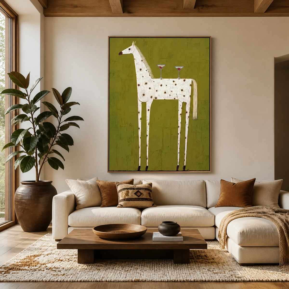 Whimsical white spotted horse wall art with two cocktail glasses on an olive-green background displayed above a sofa.