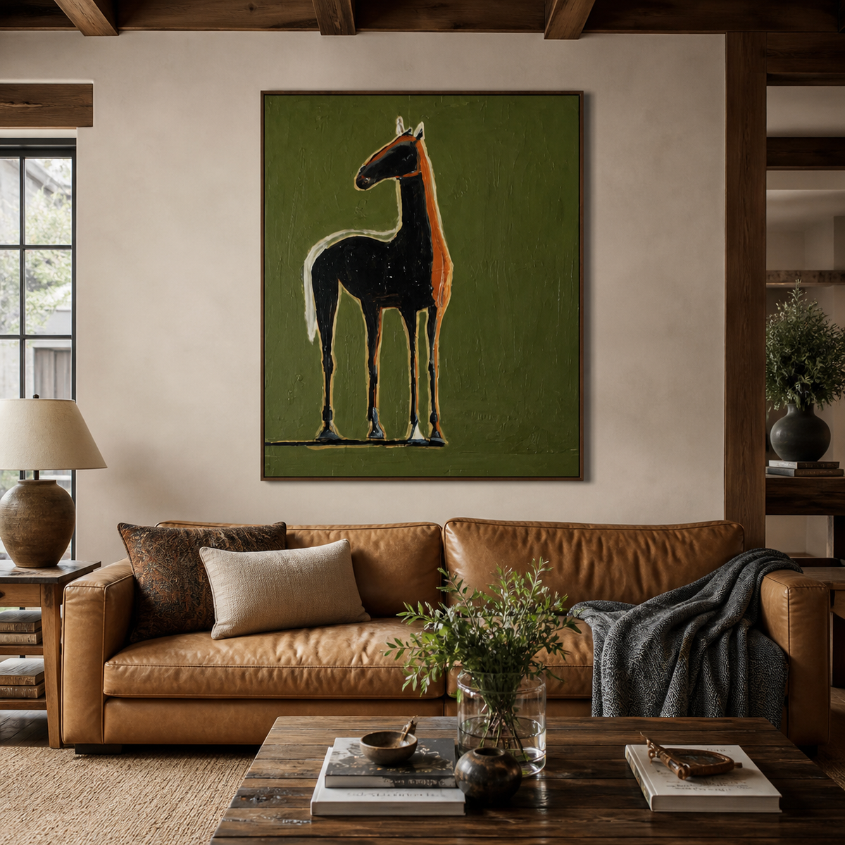 Black horse wall art with warm ochre outlines on an olive-green background above an entryway console.