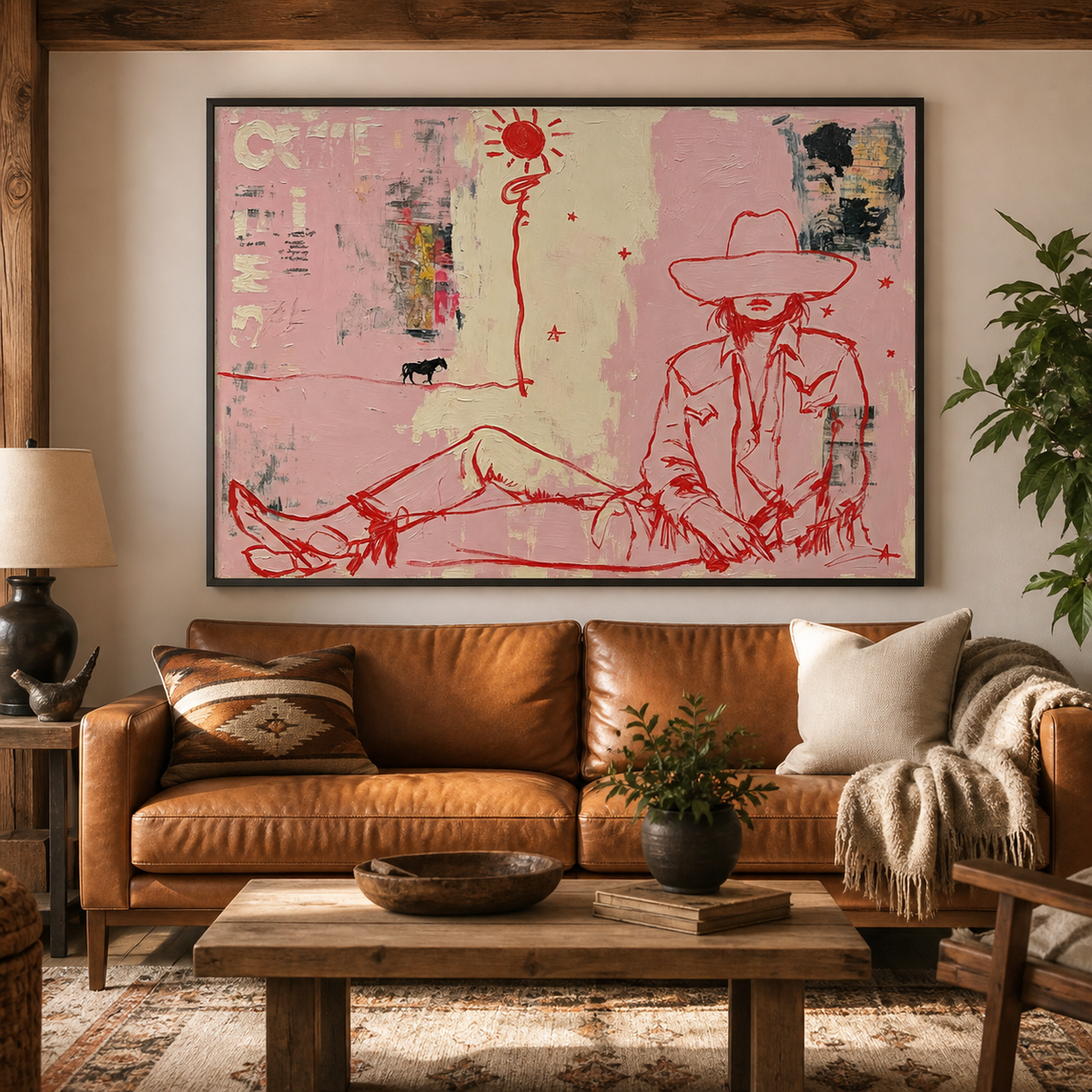 Pink and cream modern cowboy line art in a wide frame above a brown leather sofa