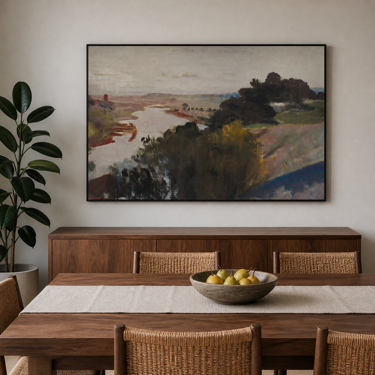 Abstract river landscape wall art with dark trees and muted earth-tone fields displayed above a wooden dining table.