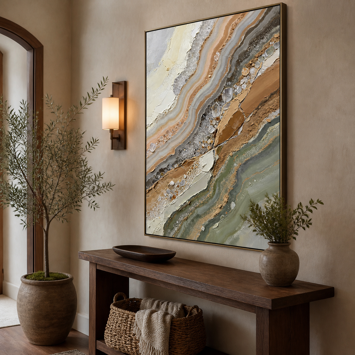 Neutral geode-inspired textured wall art in beige, brown, gray and sage displayed above a modern living room sofa.