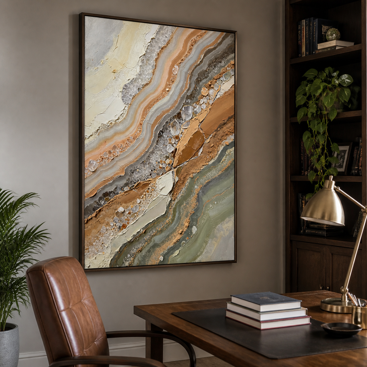 Neutral geode-inspired textured wall art in beige, brown, gray and sage displayed above a modern living room sofa.