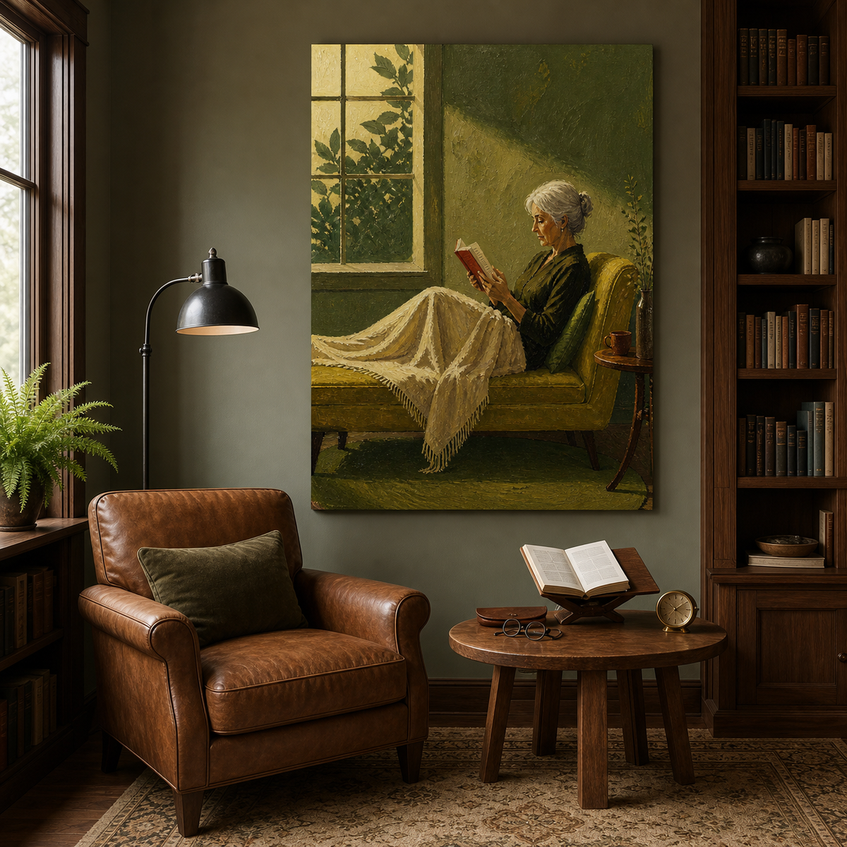 Elderly woman reading wall art featuring a silver-haired reader with a red book resting on an olive green chaise beside a sunlit window.
