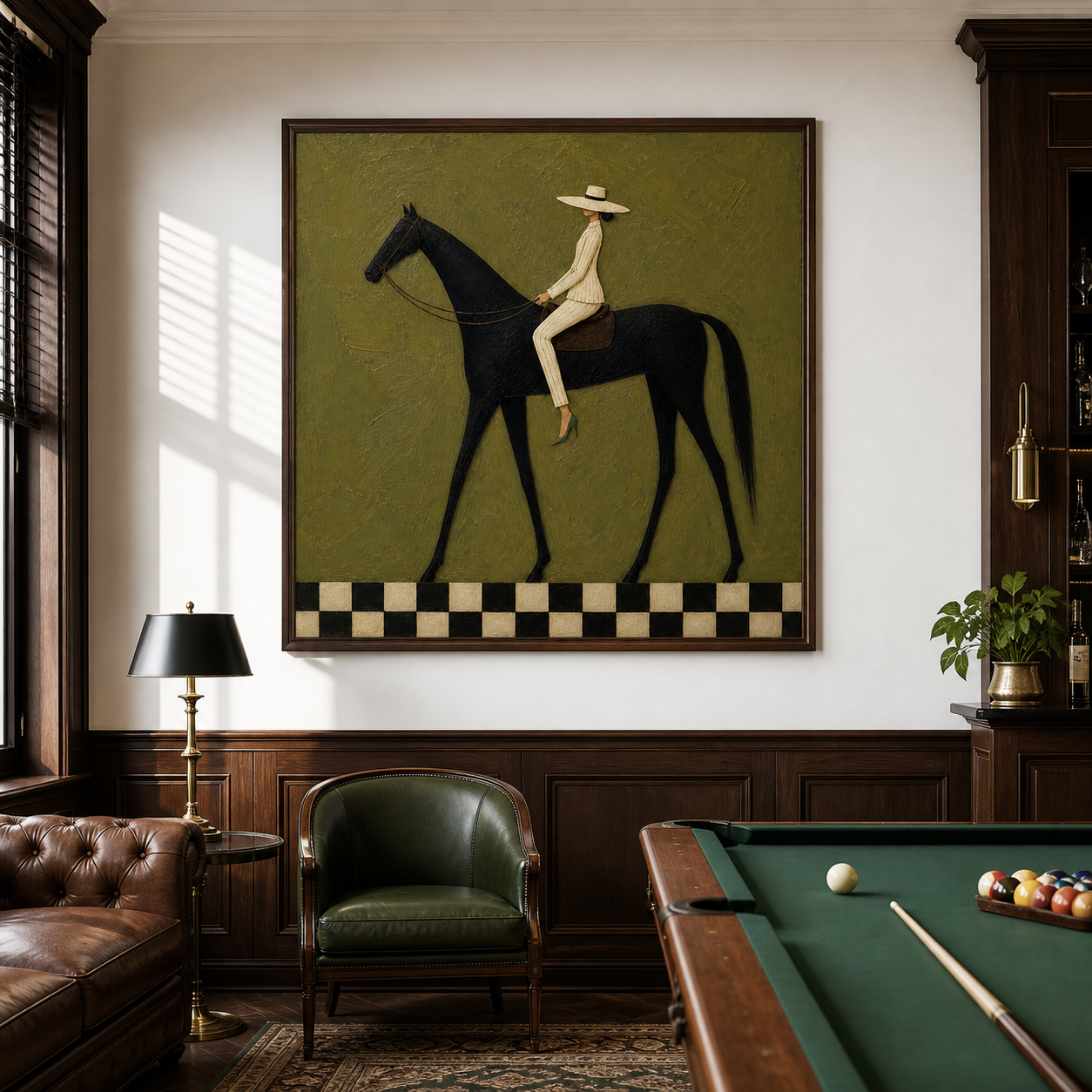 Vintage Americana horse wall art featuring a woman in a striped cream suit riding a black horse above a black-and-white checkerboard border.
