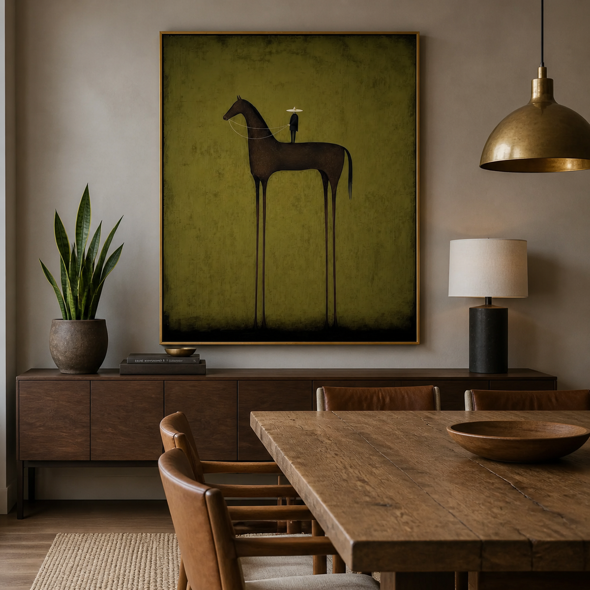 Vertical black horse wall art with a small cowboy figure on an olive-green background displayed above a sofa.