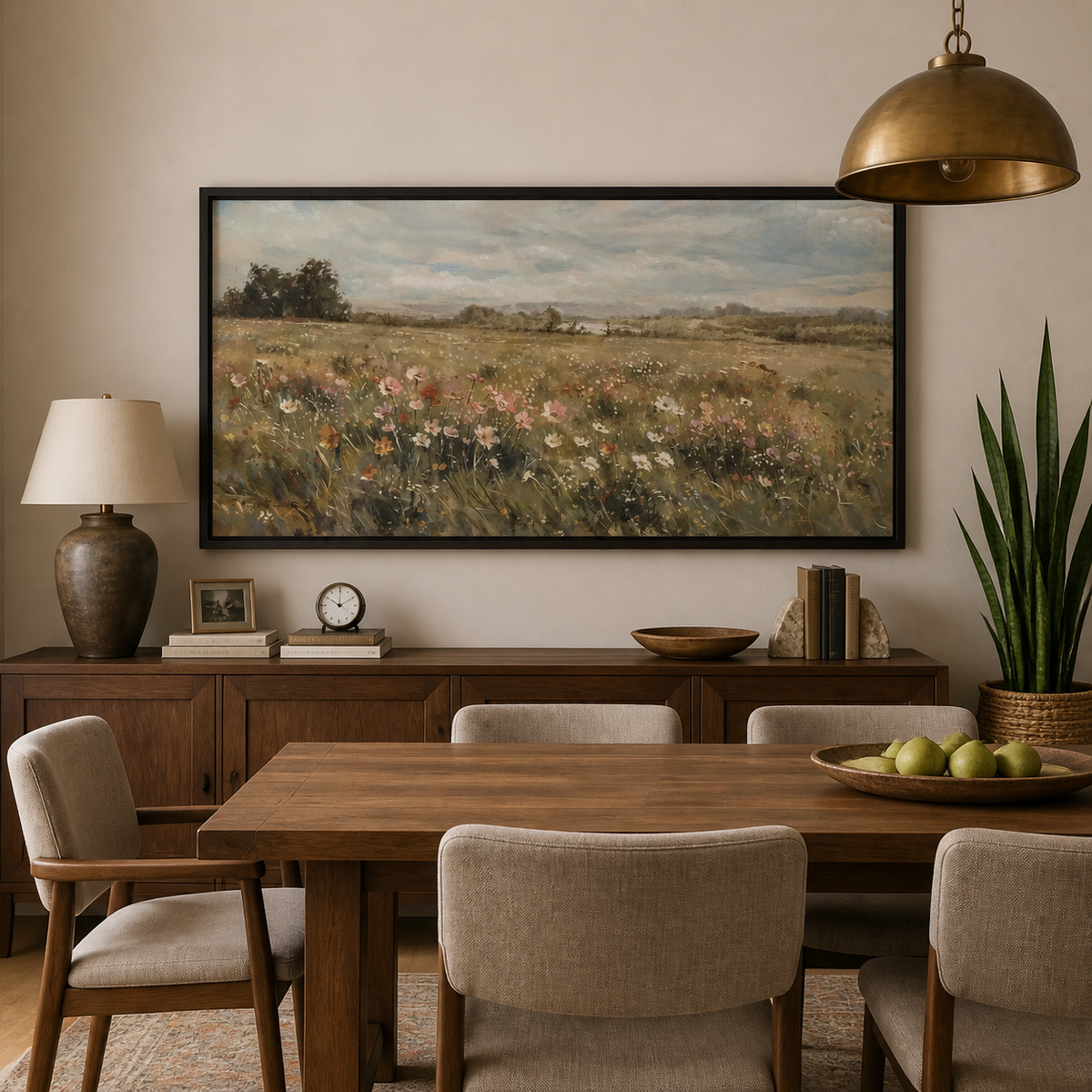 Panoramic neutral wildflower meadow wall art with muted pink and white flowers beneath a cloudy sky, displayed above a living room sofa.