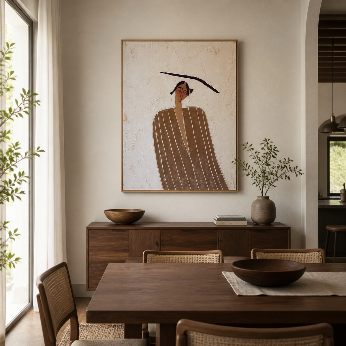 Minimalist man portrait wall art with a brown striped garment and long black hat above a wooden entryway console.