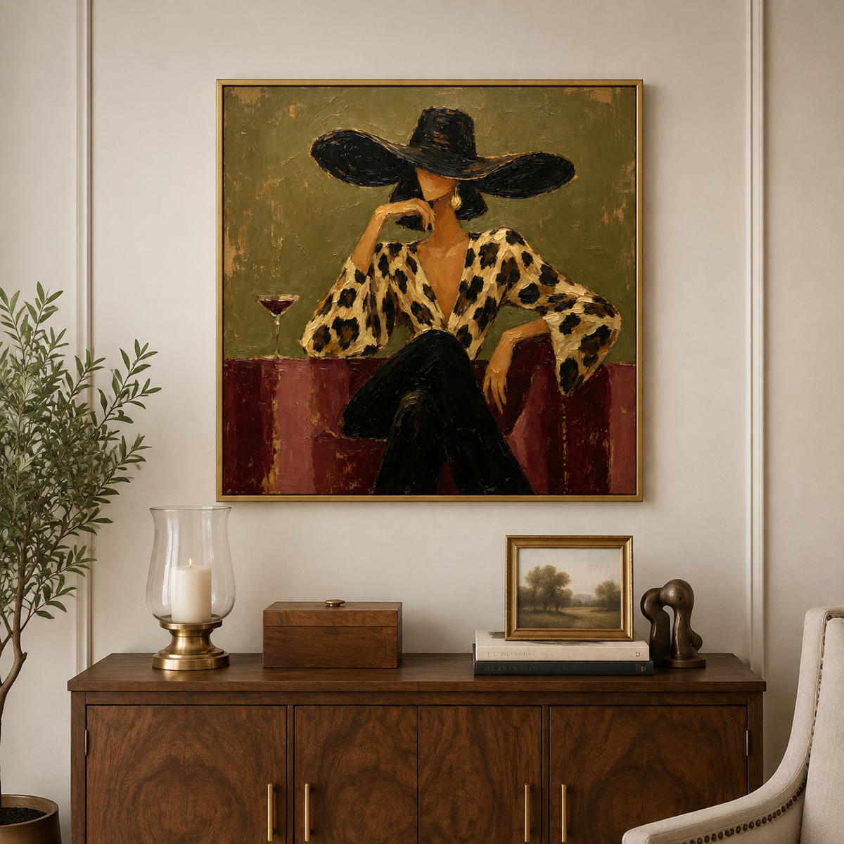 Square fashion portrait wall art showing a woman in a large black hat and leopard-print blouse seated beside a cocktail above a dark wood cabinet